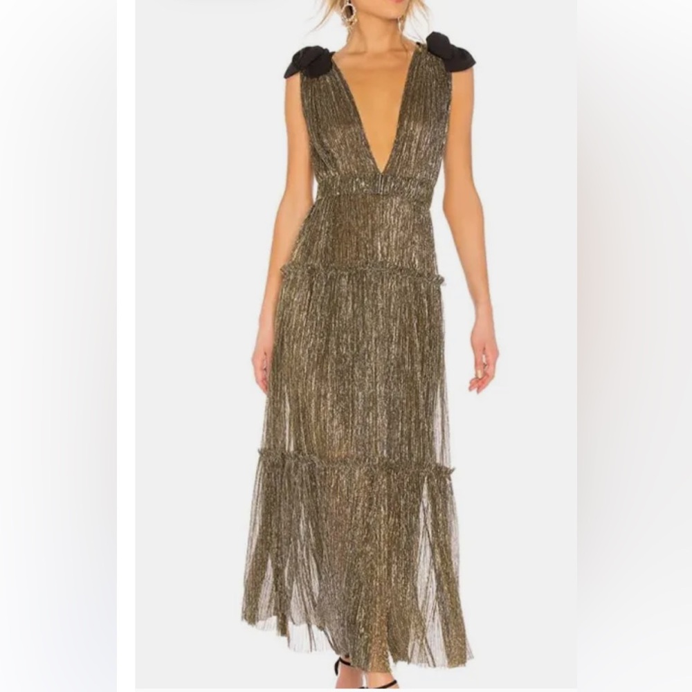 Sabina Musayev Gold Metallic Tiered Midi Dress with Black Shoulder Bows